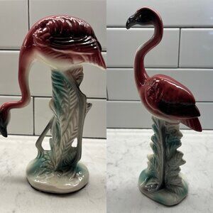 (2) Vintage 1940 Mid-Century Art Deco Style Pink Ceramic Flamingo Figurines